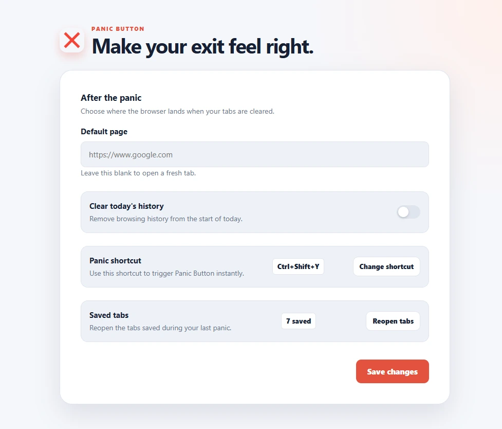 Panic Button settings page showing default page, clear today's history, panic shortcut and saved tabs